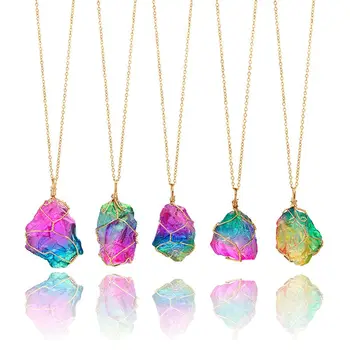 Нерегулярный Радужный Цвет, Позолоченный Каменный кулон, Ожерелье из натурального Хрусталя, Ожерелье из Чакры, Позолоченный Кварцевый кулон